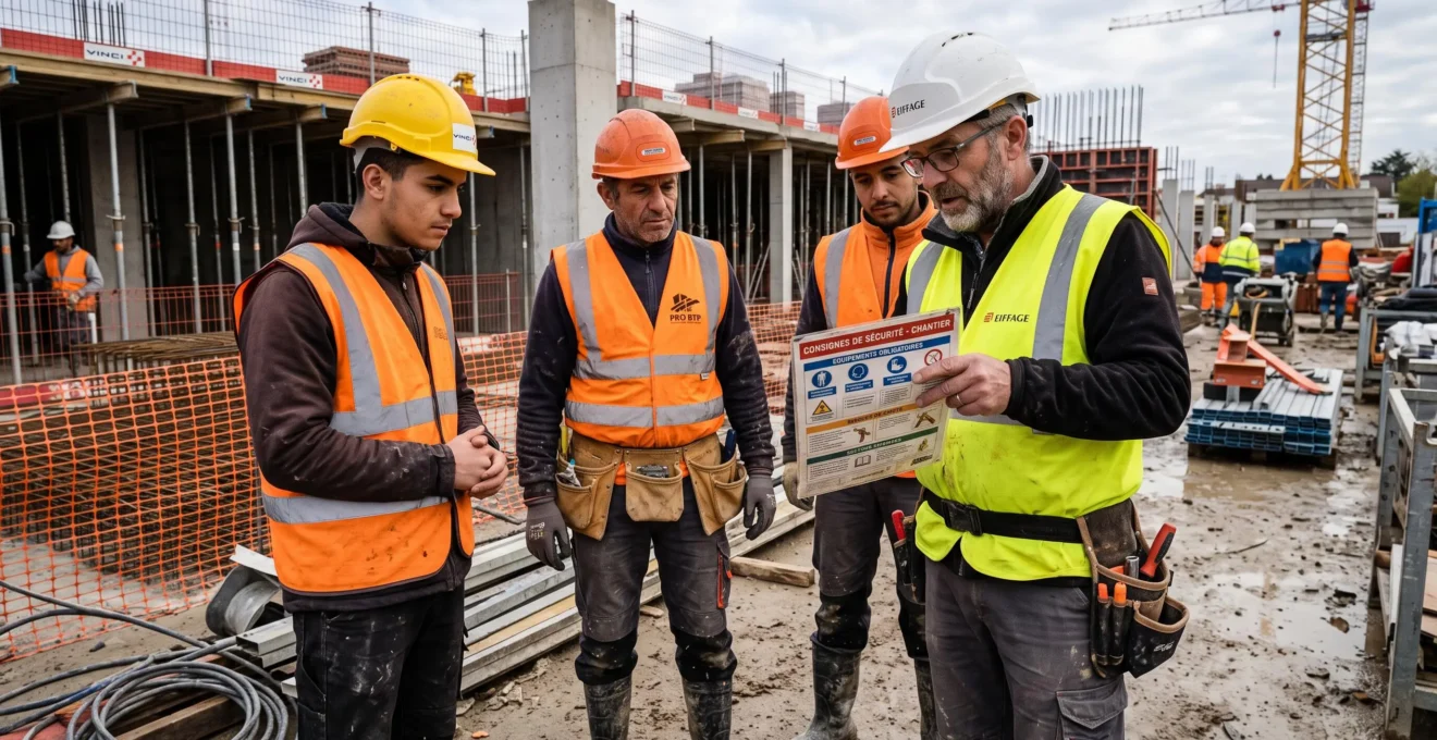 Construction site supervisor conducting a safety briefing with workers on a building site in France.