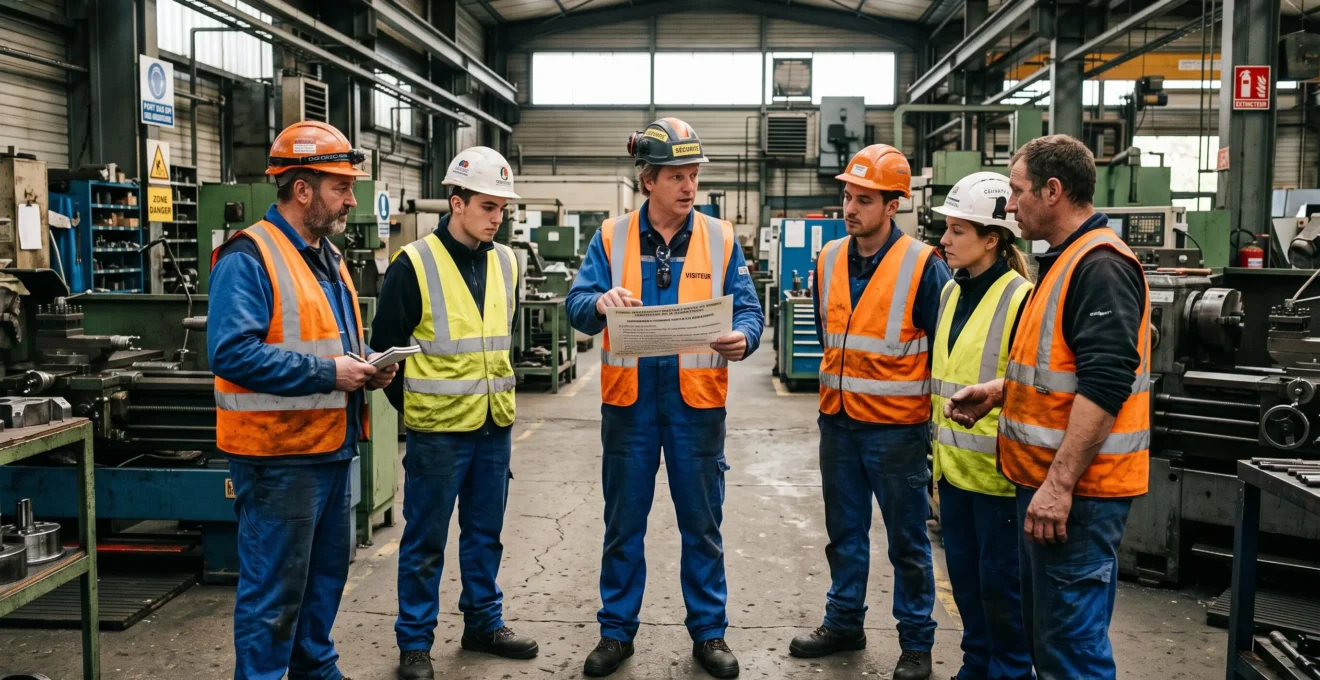 Safety coordinator leading a quart d'heure sécurité briefing with workers in an industrial workshop in France.