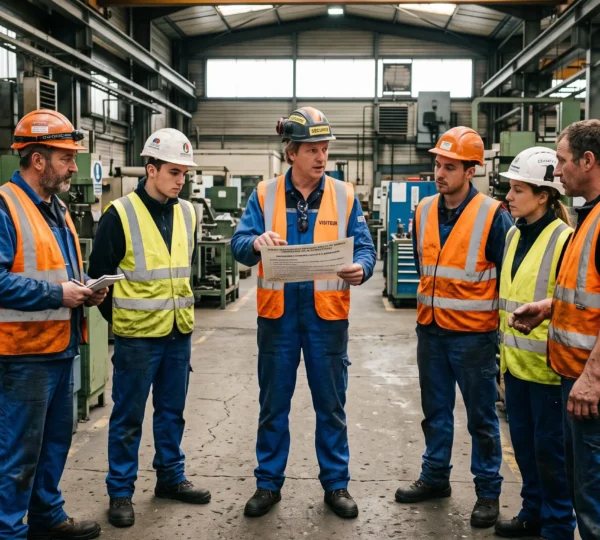 Safety coordinator leading a quart d'heure sécurité briefing with workers in an industrial workshop in France.