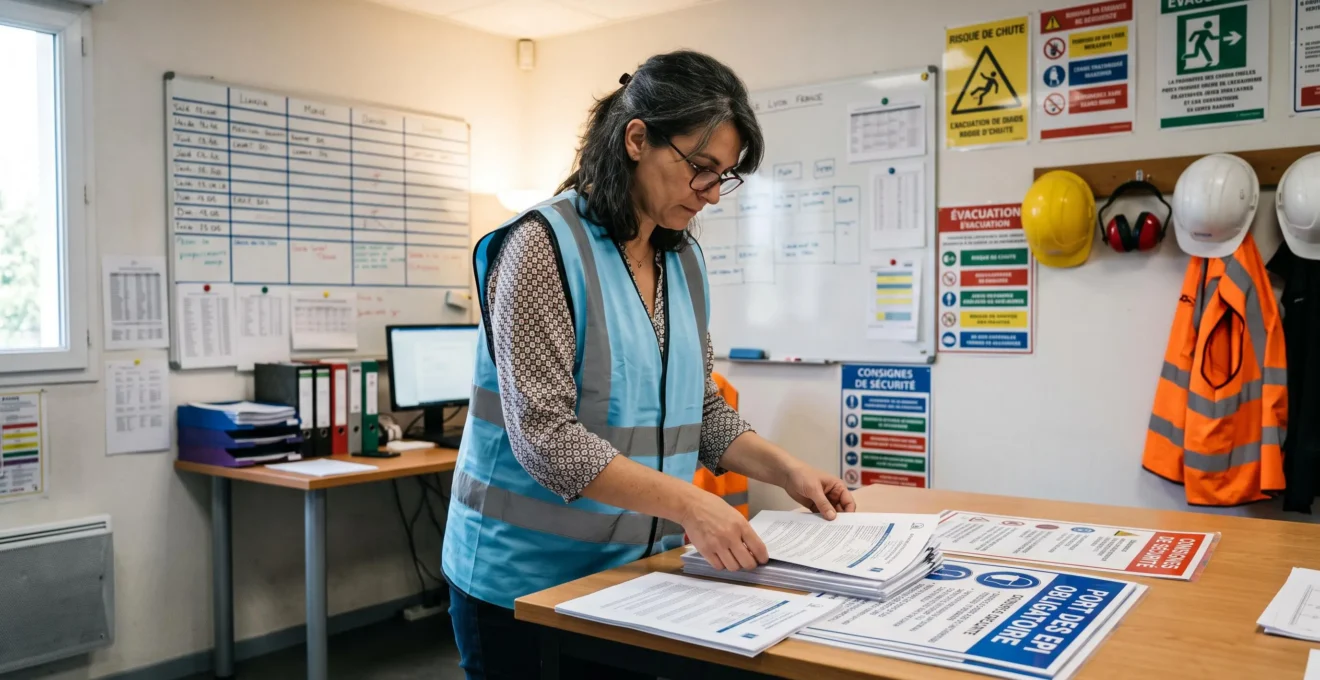 HSE coordinator organizing safety briefing materials and instruction sheets in a workplace safety office.