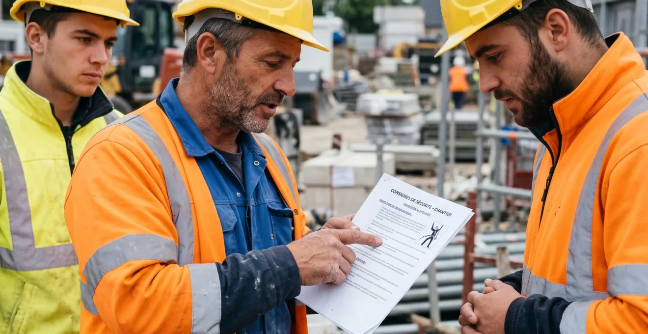 Workers examining a safety instruction sheet during a workplace safety briefing.
